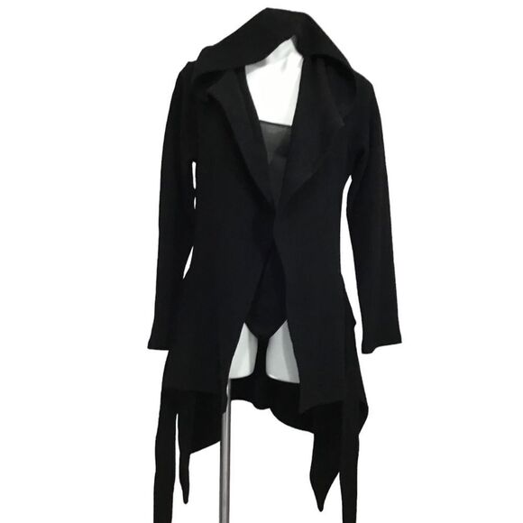Marcellamoda Black Hooded Belted Wrap Asymmetrical Hem Sweater Size Medium - Picture 1 of 15